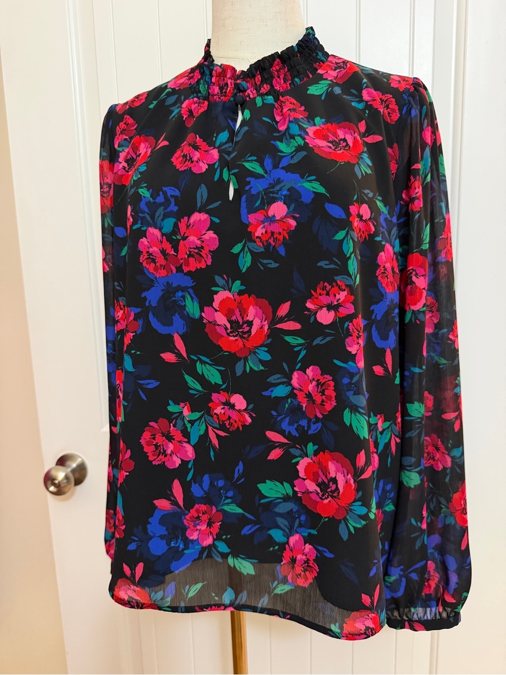 J. Crew Black Floral Ruffle Mock-Neck Blouse with Redish/Pink & Blue Flowers